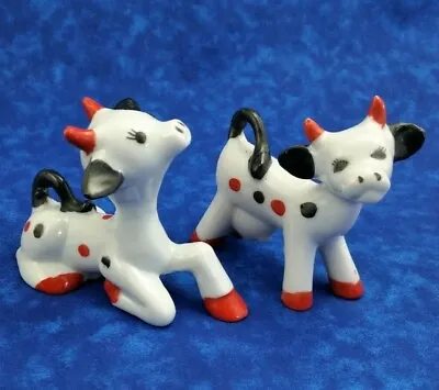 Vintage Porcelain Cow Figurines Set Of 2 Polka Dot Devil Red Black Japan UNIQUE • $24.95