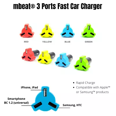 Mbeat Portable 3 Ports Rapid Fast Car Charger Hub Samsung IPhone IPad Android • $19.95