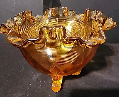 1970 Vintage Fentin Amber Glass 3-Footed Diamond Optic Ruffled Edge Bowl • $18