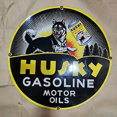 Husky Gasoline Porcelain Enamel Sign 30 Inches Round • $100
