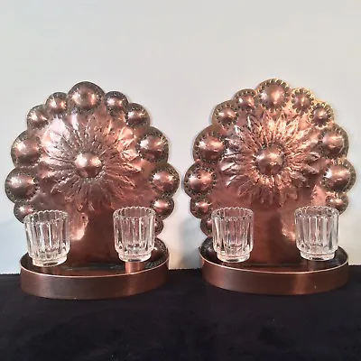 Copper Wall Sconces Set 2 Dbl Glass Candle Holder Rustic Cabin Hammer Hand Tool  • $119.99