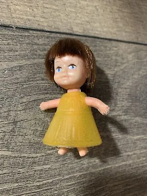 Vintage Small Baby Doll 3” Blue Eyes Yellow Silicon Dress Made In Hong Kong • $14.25