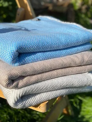 £70 • Buy Cashmere Blanket Throw Travel Wrap Handmade NEPAL Home Warm Sky Blue Tick Design