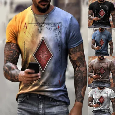 £4.79 • Buy Mens Poker Printed T-shirt Short Sleeve Slim Blouse Casual Tops Undershirt Tunic