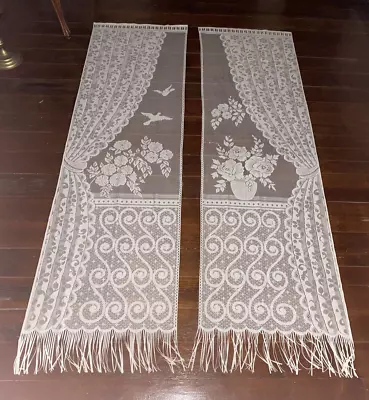 2 VTG  White Crocheted Lace Curtains -Cottage Drapery Roses &Bird Scenes/Fringe • $75