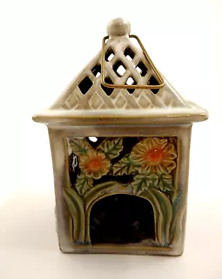 Green Ceramic Butterfly & Flower Tealight Lantern Hanging Tabletop Porch Patio • $10.50