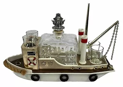 Vintage Musical Boat Decanter And Glasses Holder 12.75” Long 4 Glasses WORKING!! • $35