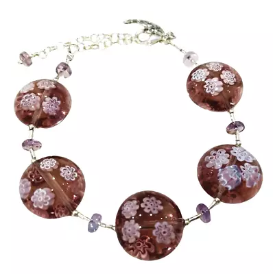 NEW Genuine Murano Glass Venetian Bead Bracelet Purple With Silver Millefiori • £154.35