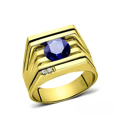 Mens Ring REAL Solid 10K YELLOW GOLD With Sapphire And 2 DIAMOND Accents • $779