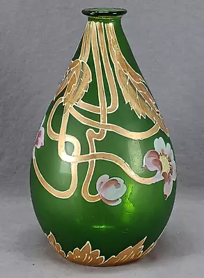 Mont Joye French Hand Painted Floral Art Nouveau Green Art Glass Vase 1900-1920 • $495