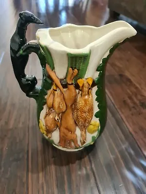 Vintage Majolica Game Pitcher Greyhound Handle After The Hunt Signed '84 Unusual • $69.99