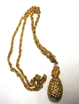 PINEAPPLE Solid Perfume Locket PENDANT NECKLACE  Gold Tone Vintage   Signed F • $35.99