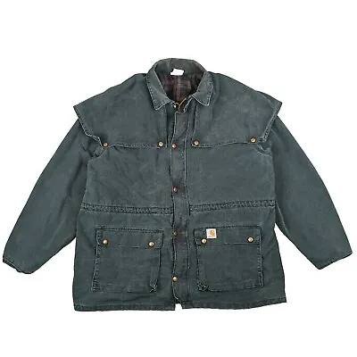 Vtg Carhartt Jacket Duster Men's L/XL Green Chore Plaid Lined Barn Coat USA Made • $99.95