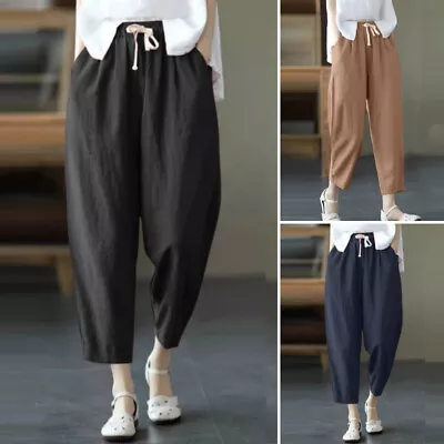Women High Waist Drawstring Casual Loose Solid Capri Long Pants Carrot Trousers • $30.39