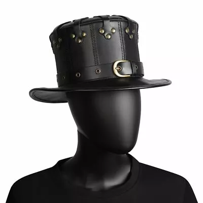 Black Riveted Hat Man PU Leather Theater Plague Doctor Cosplay Steampunk Costume • $34