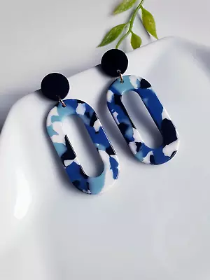 £6 • Buy Blue Mixed Acrylic Tortoise Shell Long Hoops Drop Earrings+Gift Bag