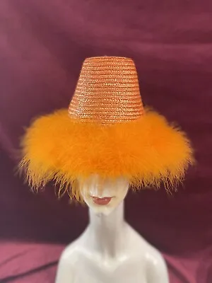 Vintage 50s 60s Straw Raffia Hat Orange Feathers Novelty Happy Cappers  Beach • $240