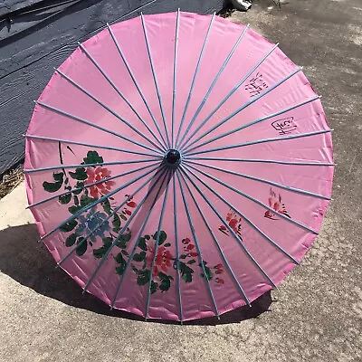 Vintage Eastern Bohemian Hand Made Painted Spirit Home Decor Silk Umbrella Pink • $18