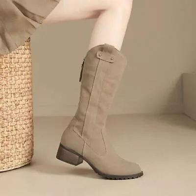  Women's Suede Western Boots Knee High Boots Chunky Heel Back Zip Mid Calf Boots • $46.16