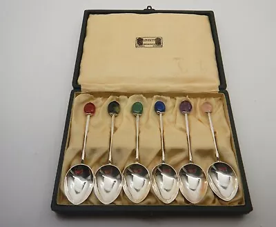  CASED SET OF SOLID SILVER COFFEE SPOONS LIBERTY & CO 1926 Hardstone Finials • £399