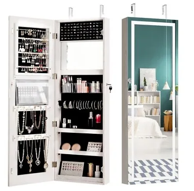 Lockable Jewelry Storage Cabinet Wall-mounted LED Jewelry Armoire W/Full Mirror • £63.96