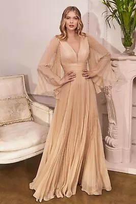 Mother Of Bride Solid Pleated Chiffon Dress W/ V-neck Zipper Back & Long Sleeves • $75