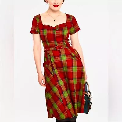 Voodoo Vixen Marine Plaid Belted Swing Dress Retro Red & Green Size 4 Nwt • $40.32