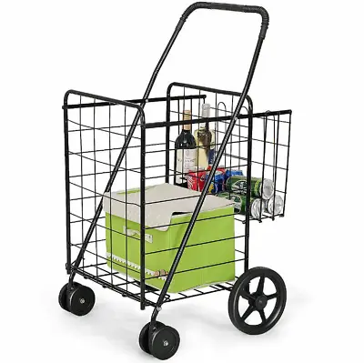 Folding Shopping Cart Jumbo Iron Basket Grocery Laundry Travel W/ Swivel Wheels • $59.96