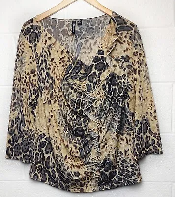 Milano Top Womens Leopard V-Neck 3/4 Sleeve Fitted Ruffle Blouse XL • $12