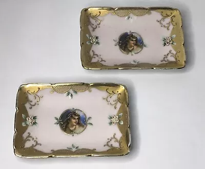 Set Of 2 Vintage Porcelain Victorian Lady Woman Trinket Tray Vanity Gold Floral • $22.45