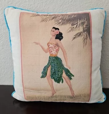 Vintage RAGS Of Los Angeles Hawaiian Hula Girl Beaded Barkcloth Pillow • $55