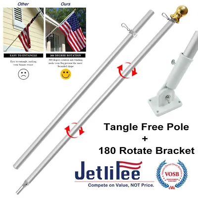 $37.52 • Buy 6 Ft Tangle Free Spinning Silver Flag Pole Gold Ball Wall Mount + Holder Bracket