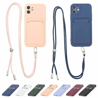 Pure Color Silicone Soft Phone Case With Card Holder And Lanyard For IPhone 6-12 • $9.50