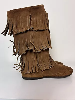 Minnetonka Fringe Boots Women's Size 6 Calf High Brown Suede Moccasin Style 1632 • $14