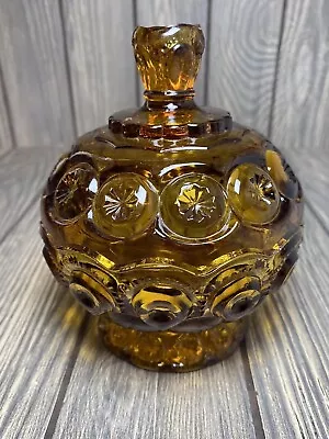 Moon And Stars Pattern Glass LE Smith Amber Vintage Covered Candy Jar Dish • $27.49