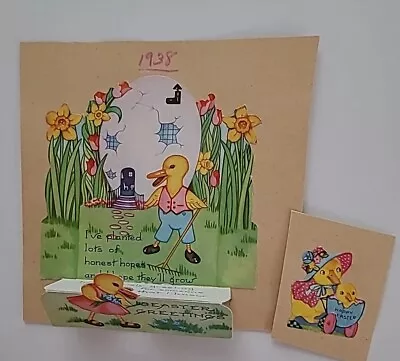 1938 Vtg EASTER Greetings CHICKS Ducks Egg Cottage Fold Down CARD & EASTER Seal • $6.50