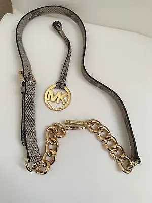 Michael Kors Adjustable Strap Leather Grey/Gold Chunky Chain+MK Round Charm • $25
