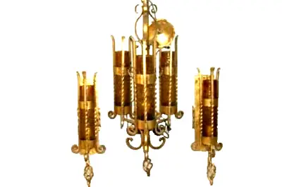 Italian Tole Gilt Iron Mission Arts & Crafts Chandelier Sconce Set Murano Glass • $789.90