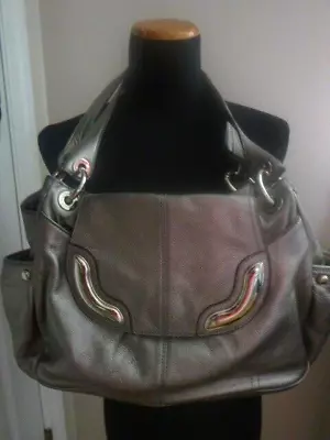 B. Makowsky Large Leather Flapover Metallic Silver Shoulder Handbag 3 Section EU • $24.99