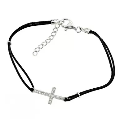 Black Leather Cord Bracelet W/ Sterling Silver CZ Stones Sideways Cross Charm • $19.99