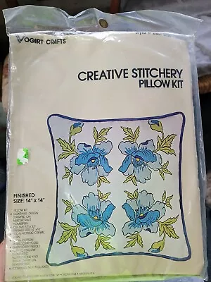 Vogart Crewel Embroidery 14” Pillow Kit Blue Flowers Vtg 70s NOS Sealed 12 • $12