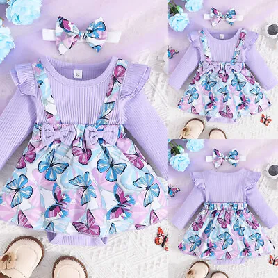 Newborn Baby Girl Clothes Infant Romper Butterfly Dress Outfit Jumpsuit Headband • £8.89