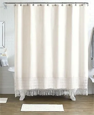Country Linens Bath 15-Pc Lace Fringe Shower Curtain Hooks & Rugs Set - Cream • £13.42