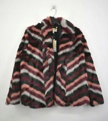 Michael Kors Womens Multicolor Stripes Open Front Soft Faux Fur Jacket Coat M • $112.61