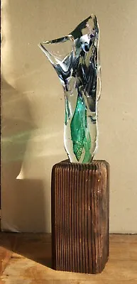 Vintage Mid Century Studio Art Glass Statue With Gold Inclusions On Wooden Base • $125