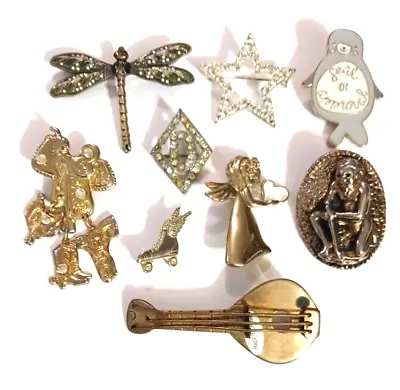 Vintage Brooch Pin Lot. Brass Banjo SEVA Primitive Man Angel Dragonfly Star • $39.99