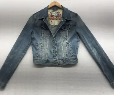 I Love H81 Women's Jean Jacket Size Small Cropped Distressed Washed Denim • $24.08