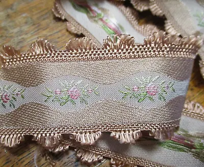 1 Yard   Vintage 1 1/2  Taupe Pink Silk  French  Jacquard Ribbon~NOS • $18.50