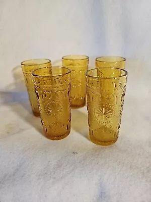 Vintage Concord Daisy Pattern Amber Juice Glasses Set Of 5 • $18
