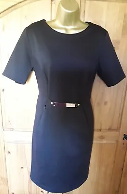 LINEA Classic Black Lined Short Sleeve Pencil Dress Gold Bar Zip Pockets Size 14 • £9.99